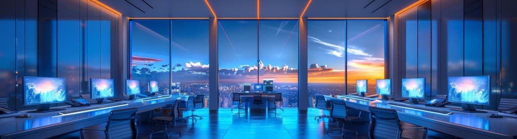 Futuristic office overlooking a city skyline at sunset